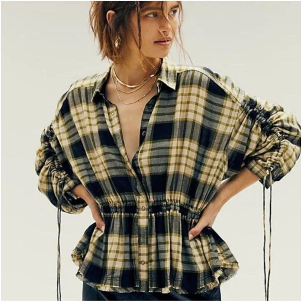 We the Free People Pacific Dawn Plaid Shirt Womens Size S Tie Waist Ruched Boho